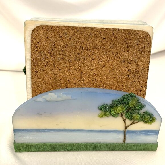 Hand Painted Resin 3D Chair Beach View Set, Stand with 4 Coasters, A. Richesco - Picture 2 of 10